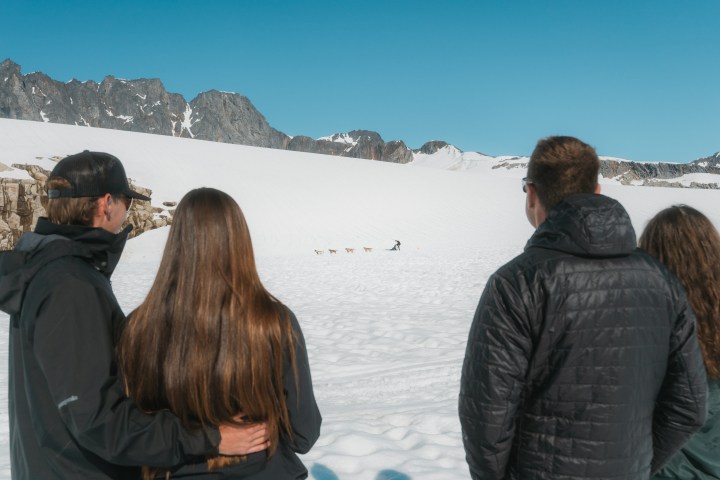 Four people in jackets watch a distant dog sled team on snowy terrain with mountains.
